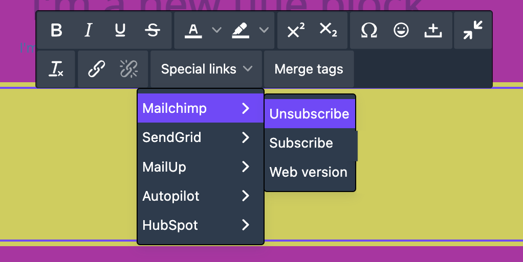 This image shows the text toolbar with the button to add special links from within the Beefree builder.