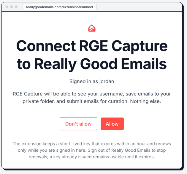 The Connect RGE Capture to Really Good Emails page, showing the signed-in username, what the extension can do, and Don't allow and Allow buttons.