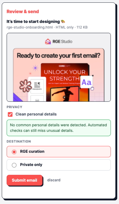 The Review and send card, showing an RGE Studio email in the preview, a Clean personal details checkbox with a green note below it, and a choice between RGE curation and Private only.