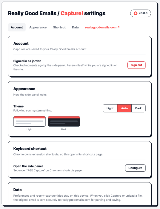 The Really Good Emails / Capture! settings page, showing the Account, Appearance, Keyboard shortcut, and Data sections.