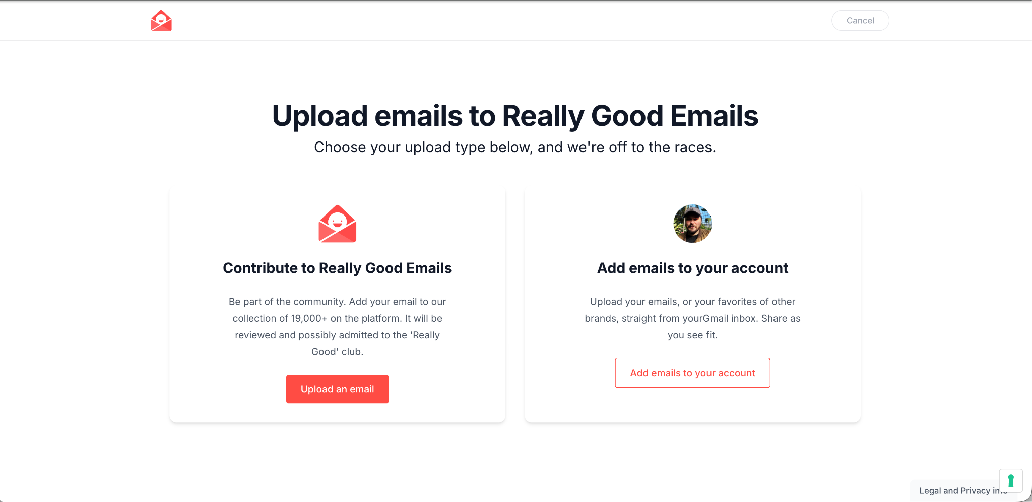 Upload emails to Really Good Emails page with two options: Contribute to Really Good Emails and Add emails to your account