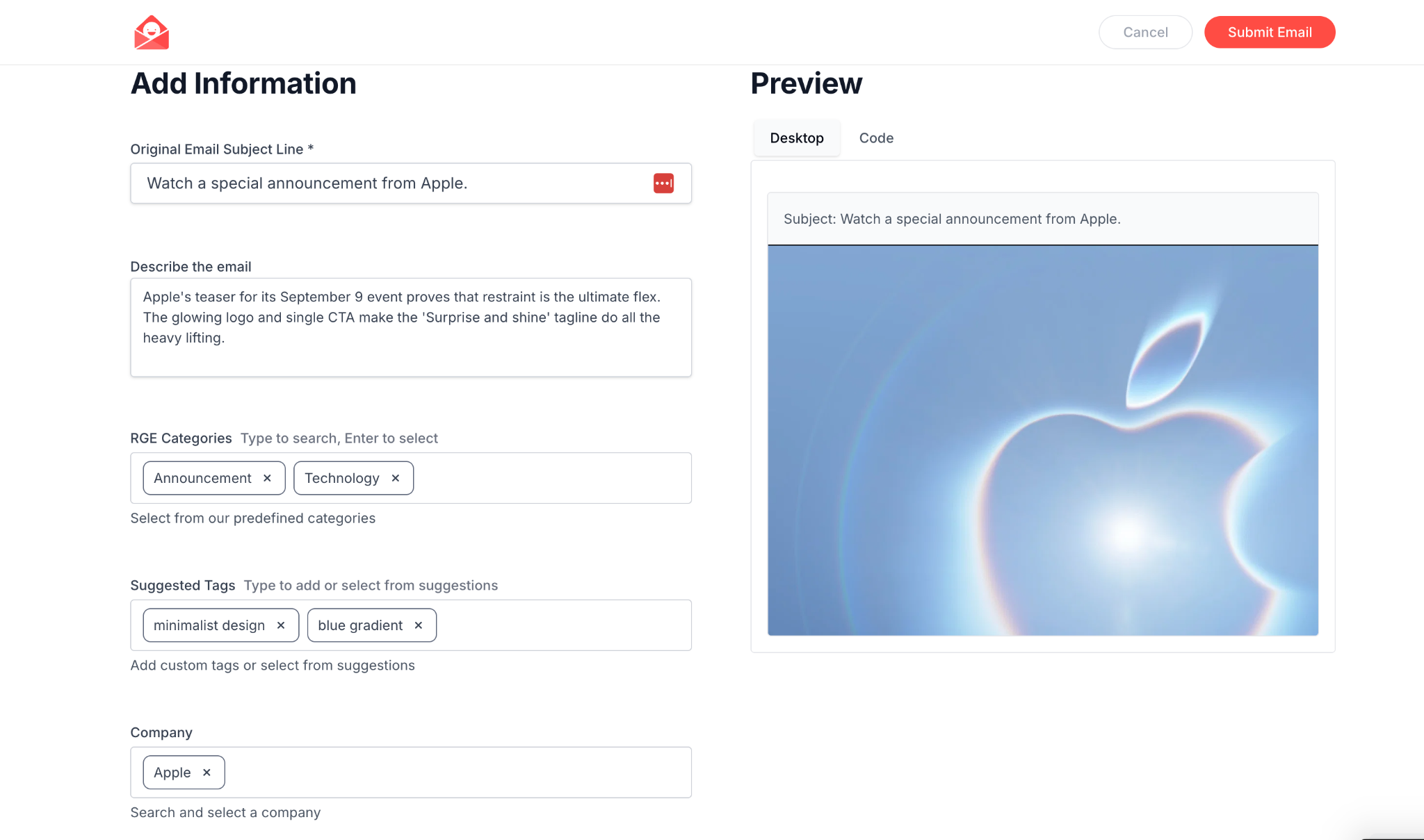 Add Information form with subject line, description, categories, tags, and company fields next to a desktop preview of the email