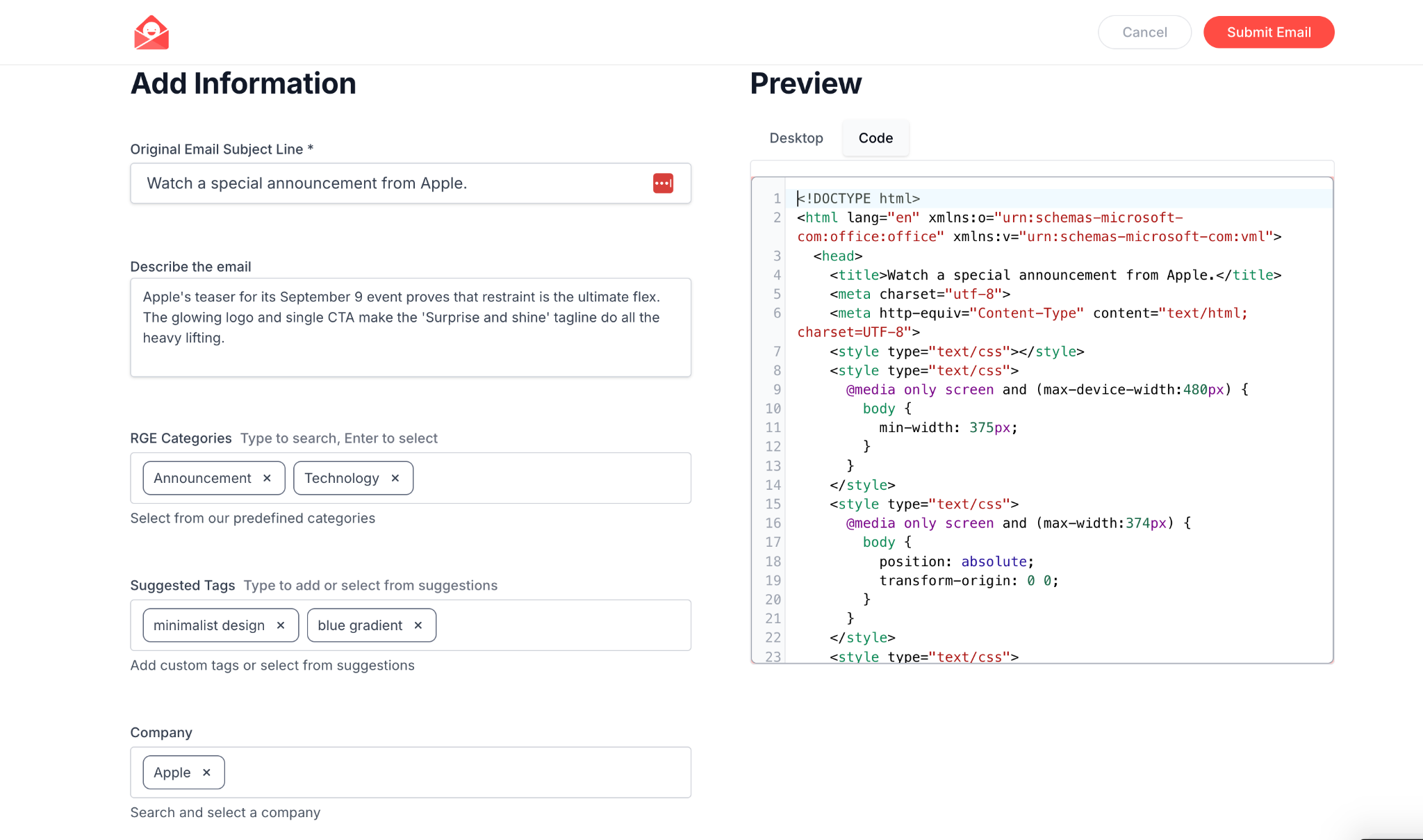 Preview panel with the Code tab selected, showing the email's editable HTML