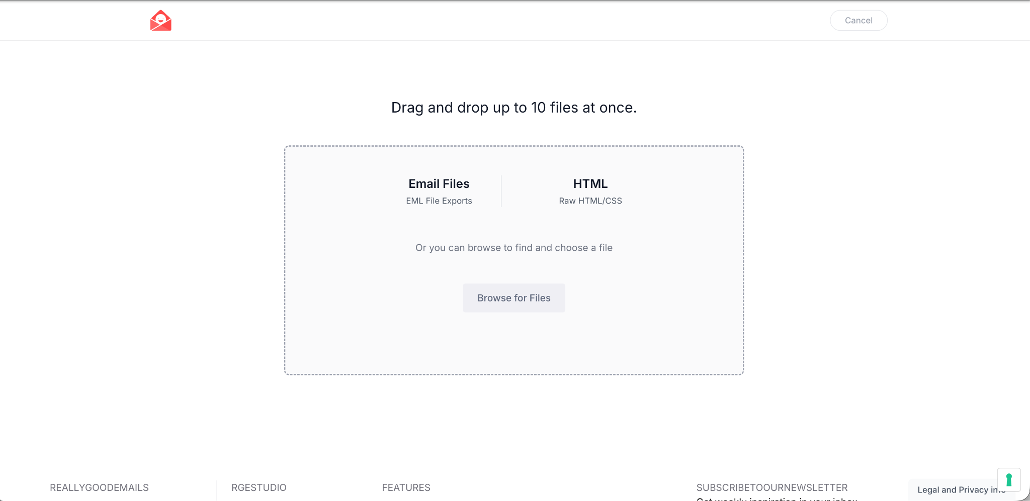 File upload area accepting EML file exports and raw HTML, with a Browse for Files button