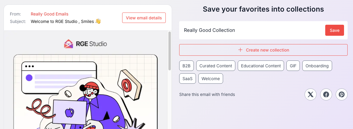 Email preview window with a View email details button, a list of collections to save to, and share buttons