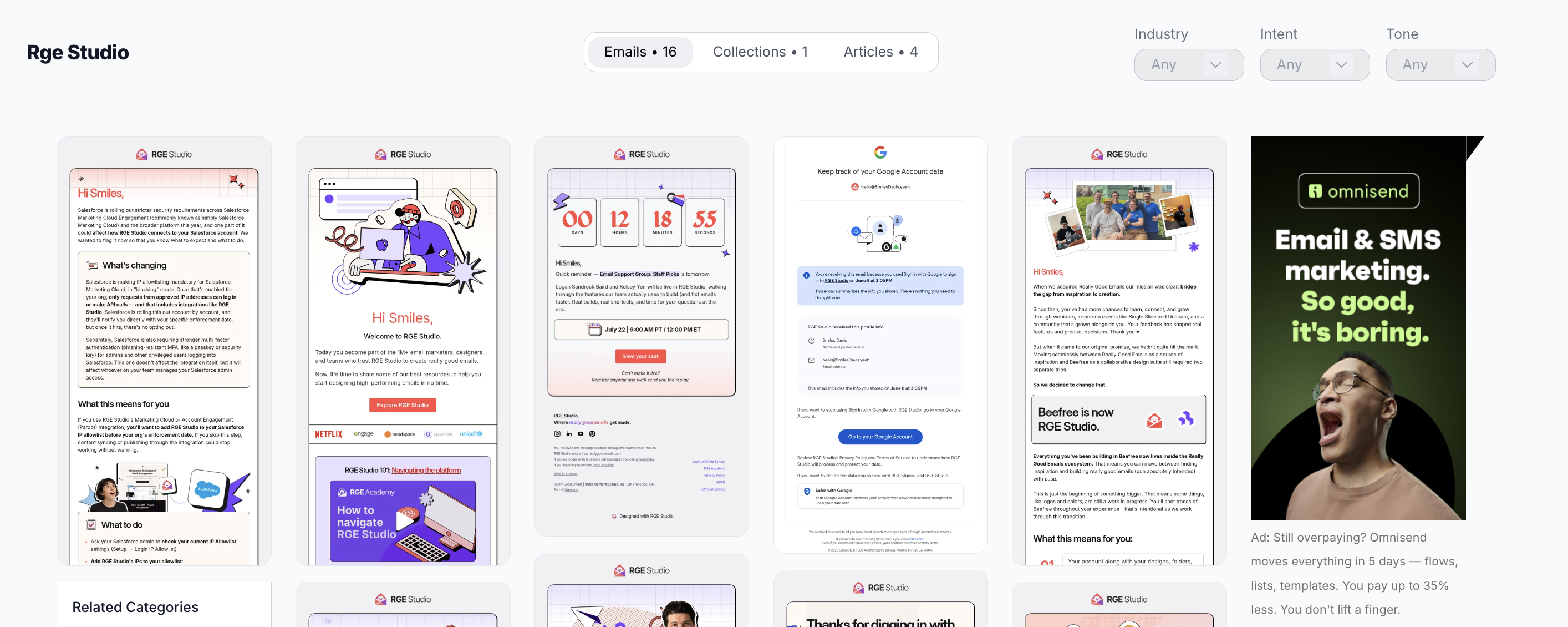 Search results page with tabs for Emails, Collections, and Articles, and Industry, Intent, and Tone filters above a grid of emails