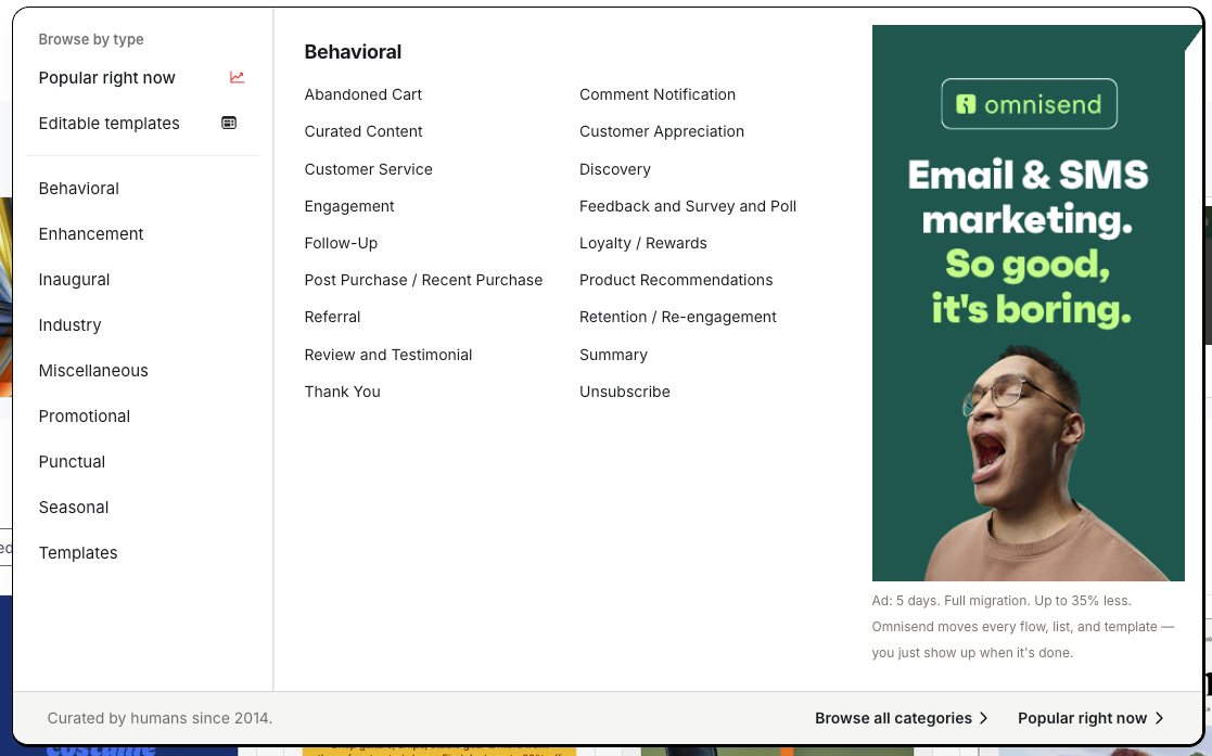 The Find inspiration menu open, with category groups on the left, the categories in the Behavioral group, and Browse all categories and Popular right now links at the bottom