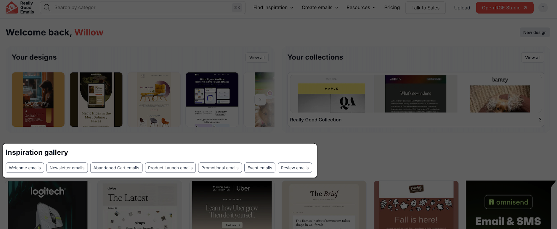 Category shortcut buttons under the Inspiration gallery heading, including Welcome emails, Newsletter emails, and Abandoned Cart emails