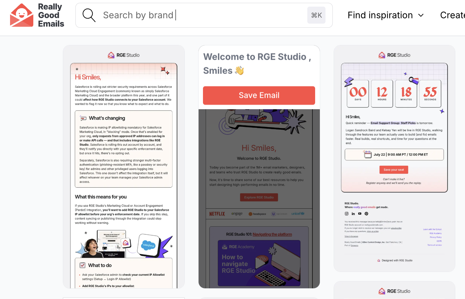 A gallery email with the Save Email button showing on hover