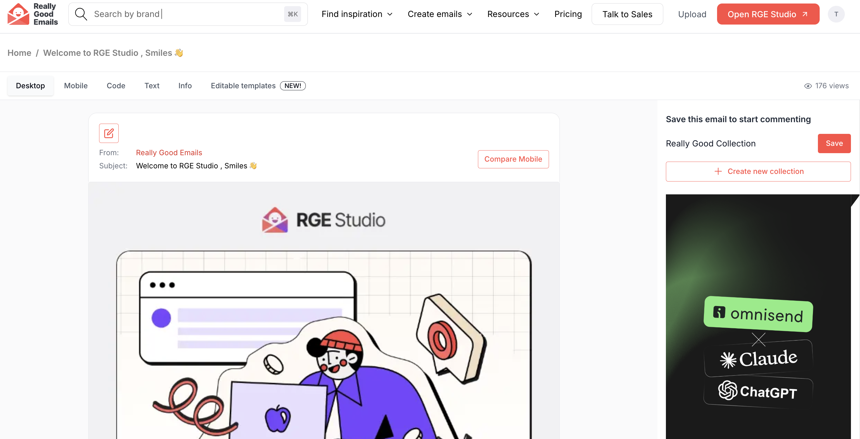 Email Information open on the Desktop tab, with tabs for Desktop, Mobile, Code, Text, Info, and Editable templates, a view count, and a save panel on the right