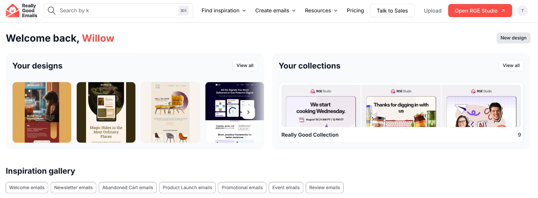The gallery home page after logging in, with a Your designs section and a Your collections section, each with a View all button