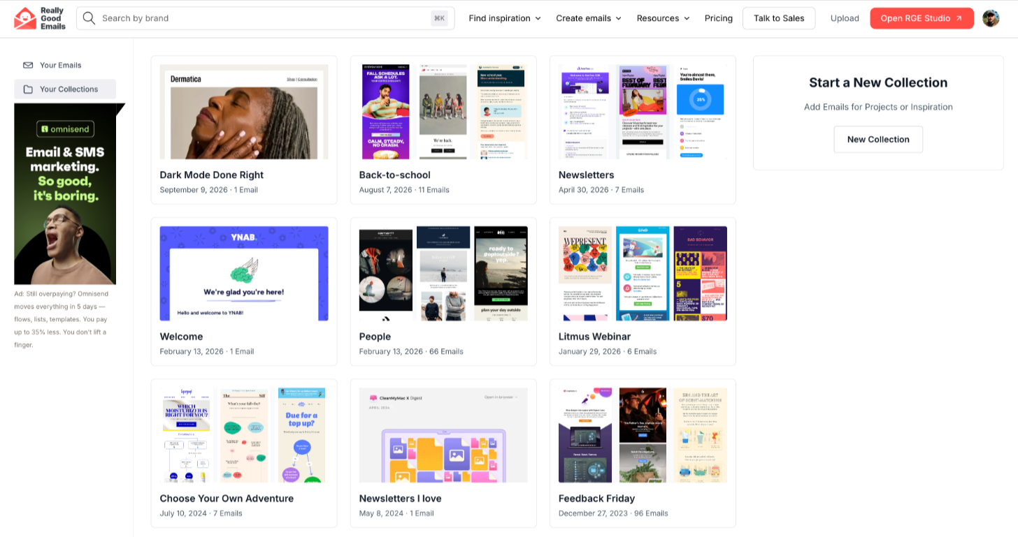 The Your Collections page, with Your Emails and Your Collections in the left sidebar, a grid of collections, and a Start a New Collection card