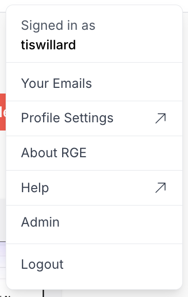 The profile menu open in the top right, with Your Emails and Profile Settings in the list