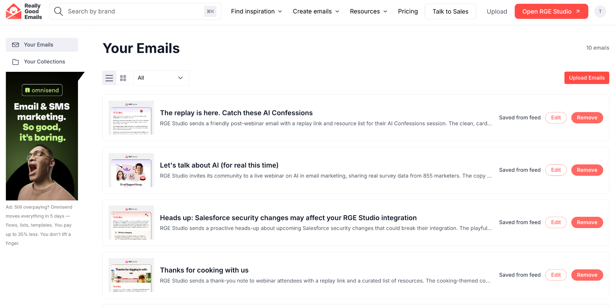 The personal gallery with a list of emails, each labeled Uploaded or Saved from feed, with Edit and Delete or Remove buttons